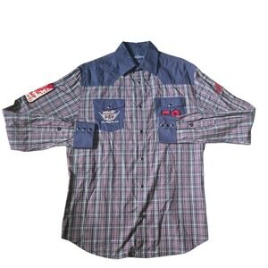 Christian Audigier Shirt Mens Large Blue Plaid Embroidered Garage Pearl Snap